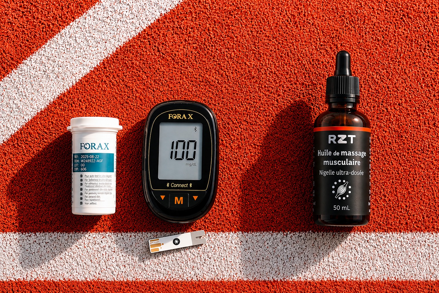 Le lecteur de lactate Fora X, ses bandelettes et le flacon d’huile de massage RZT posés sur une piste d’athlétisme