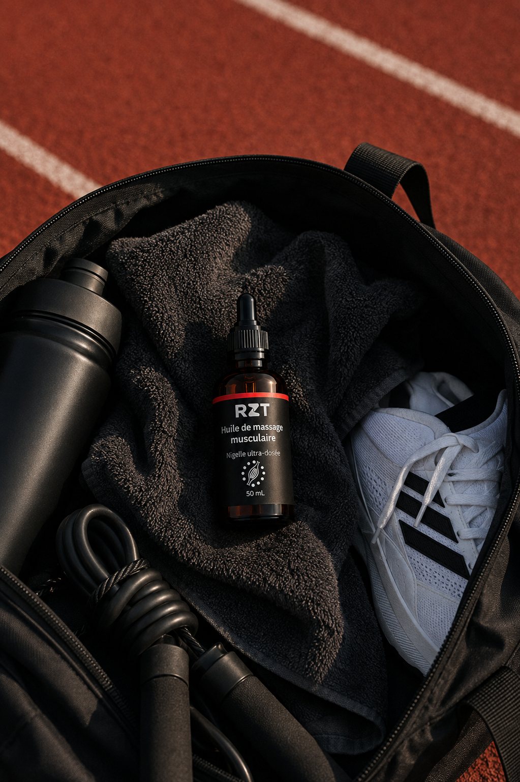 Flacon d’huile de massage RZT posé dans un sac de sport au bord d’une piste